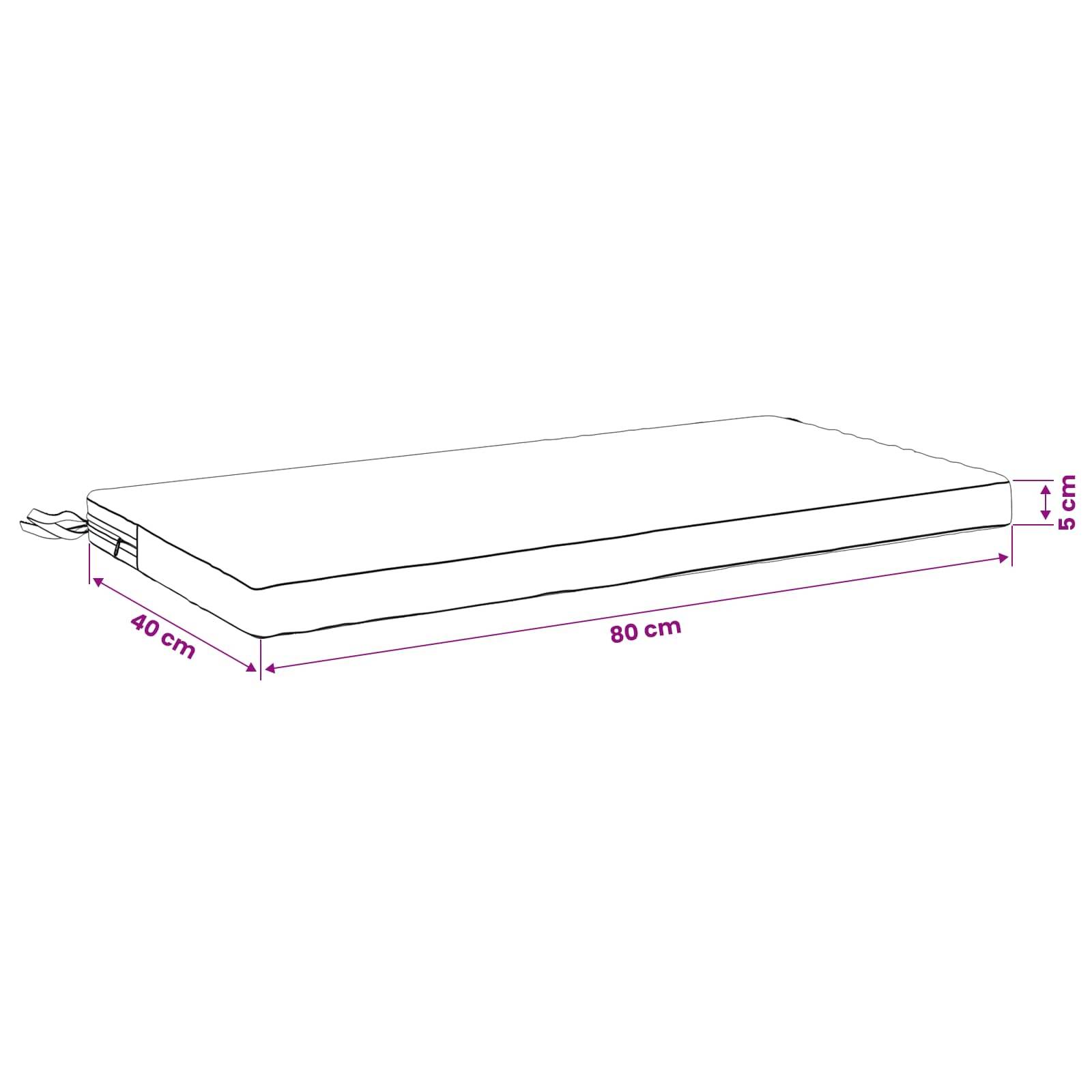 Diagramm einer rechteckigen Matratze oder eines Kissens mit einer Länge von 80 cm, einer Breite von 40 cm und einer Dicke von 5 cm.