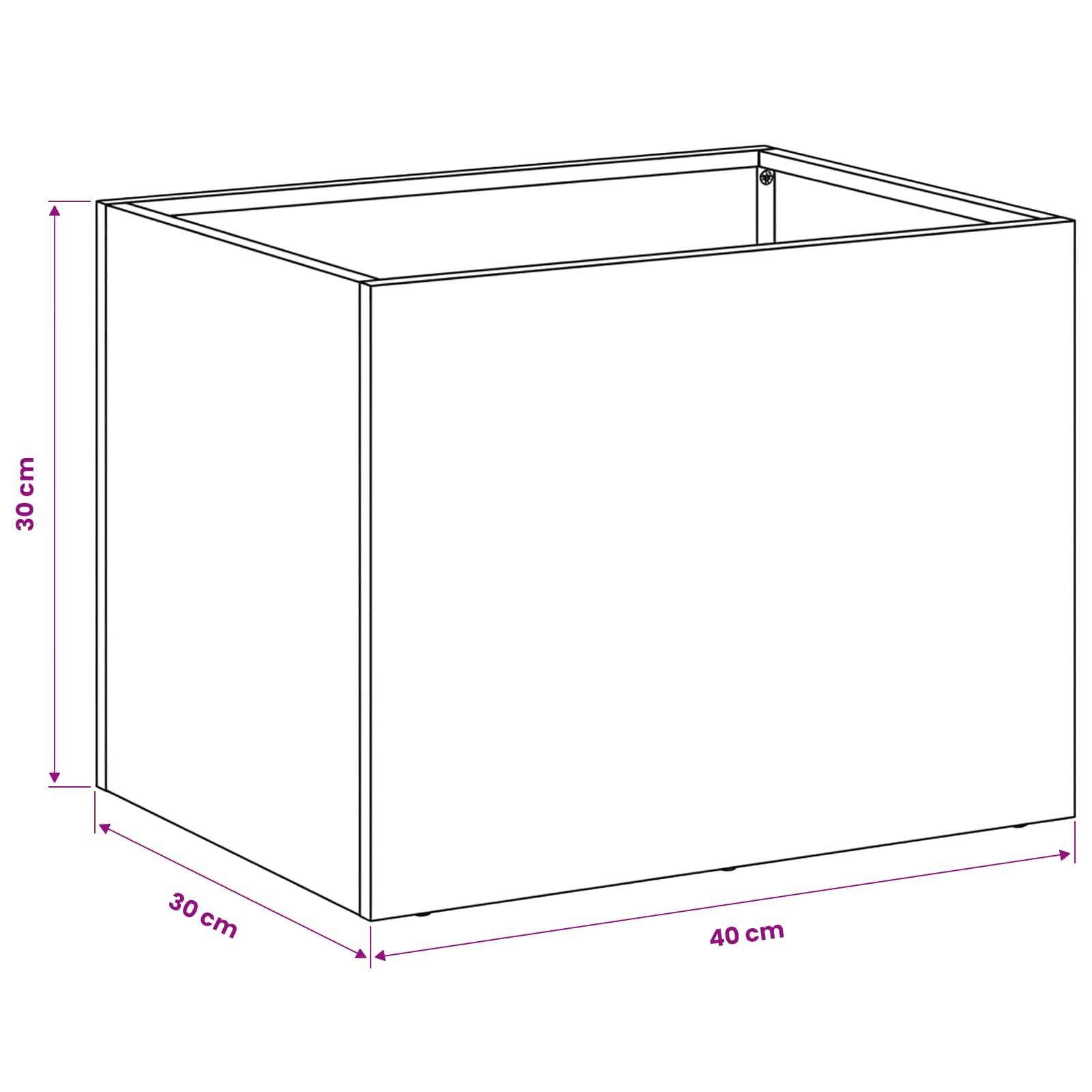 Diagramm eines rechteckigen Behälters mit offener Oberseite mit den Maßen 40 cm Länge, 30 cm Breite und 30 cm Höhe.