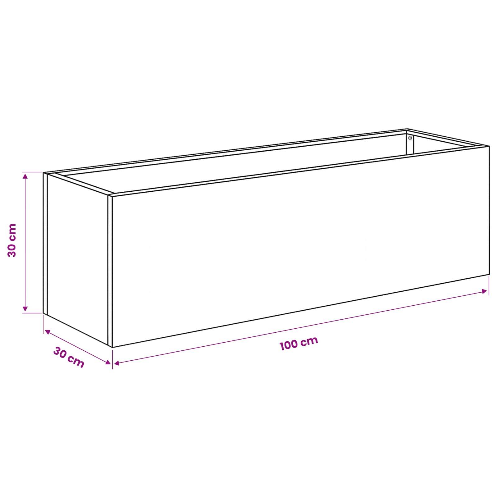 Diagramm einer offenen rechteckigen Schachtel mit den Maßen: 100 cm Länge, 30 cm Breite und 30 cm Höhe.