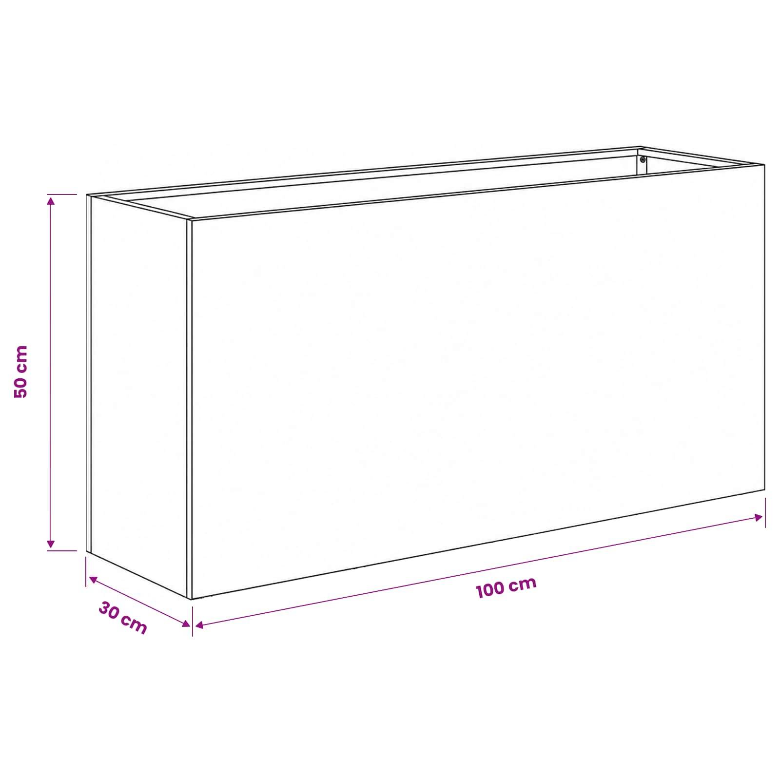 Diagramm einer rechteckigen Schachtel mit den Abmessungen 100 cm Länge, 50 cm Höhe und 30 cm Tiefe.