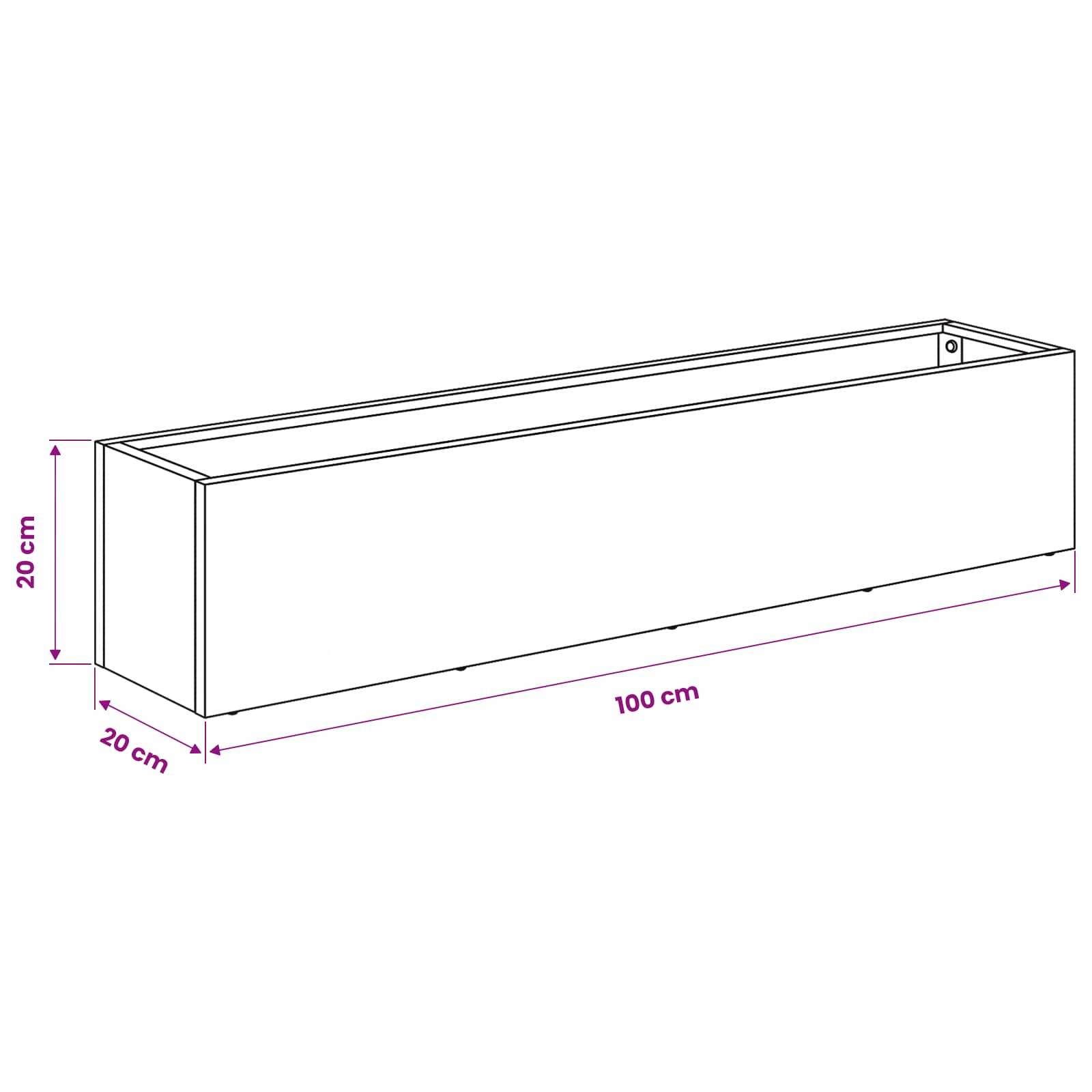 Diagramm einer offenen rechteckigen Kiste mit den Abmessungen: 100 cm lang, 20 cm breit und 20 cm hoch.