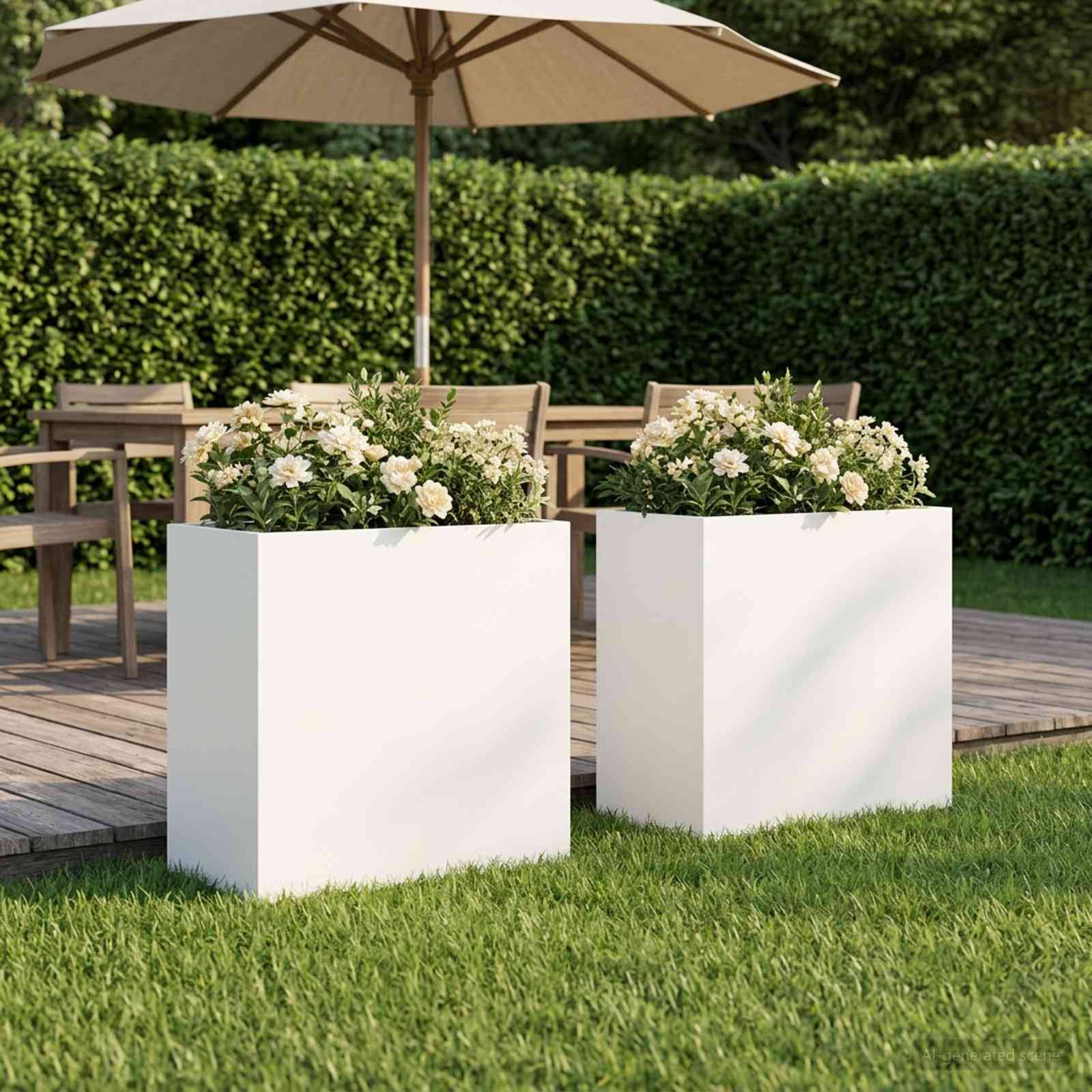 Zwei weiße quadratische Blumenkästen mit blühenden Sträuchern auf einem Rasen neben einer Holzterrasse mit Gartenmöbeln und einem Sonnenschirm.