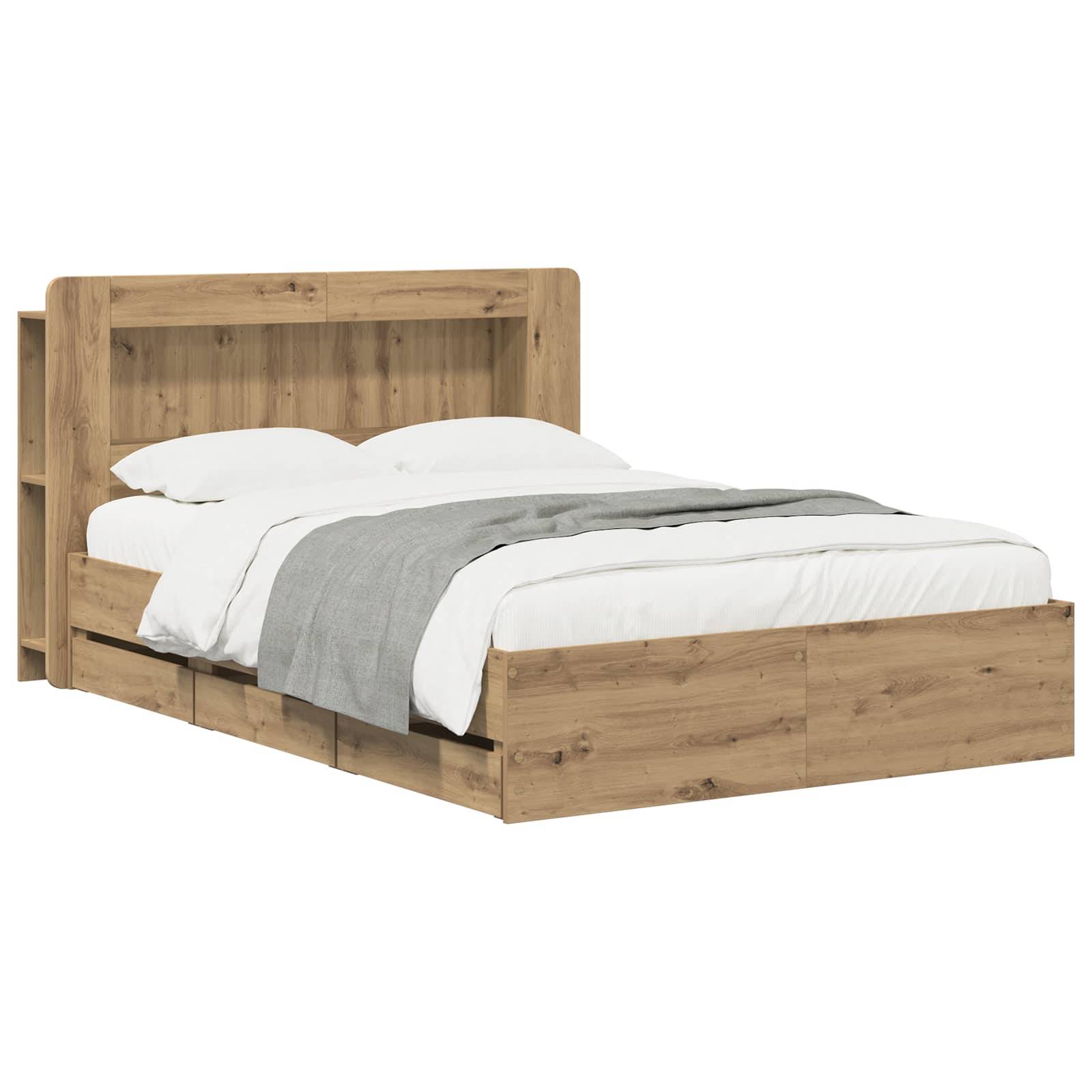 Holzbettgestell mit integriertem Kopfteil und seitlichen Schubladen zum Verstauen, gezeigt mit weißer Bettwäsche und einer grauen Decke auf weißem Hintergrund.