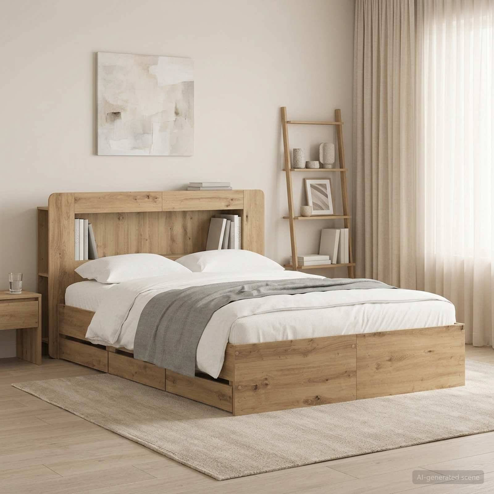 Minimalistisches Schlafzimmer mit einem Holz-Plattformbett, weißer Bettwäsche, grauer Wurfdecke, Leiterregalen, Nachttisch und beigen Vorhängen.