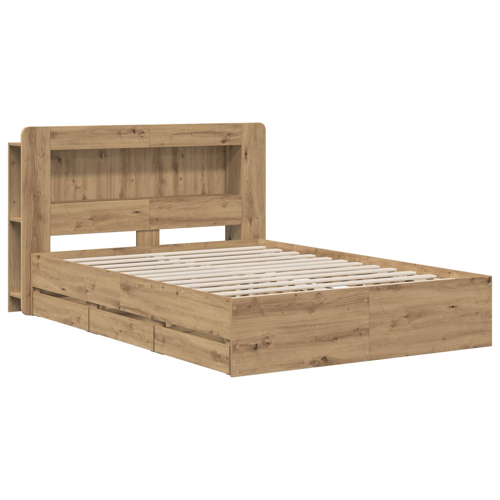 Massives Holz-Plattformbett mit Kopfteil und Lattenrost auf weißem Hintergrund.