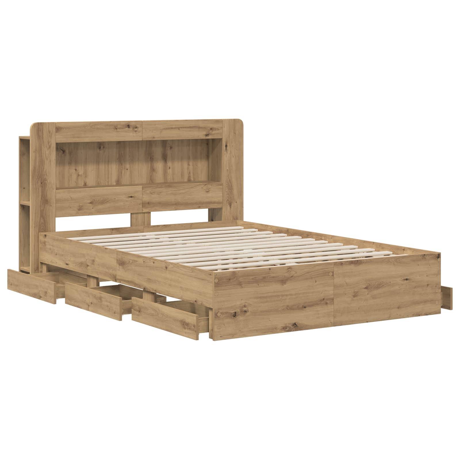 Holzbettgestell mit integriertem Kopfteiler-Regalsystem und Lattenrost, auf weißem Hintergrund dargestellt.