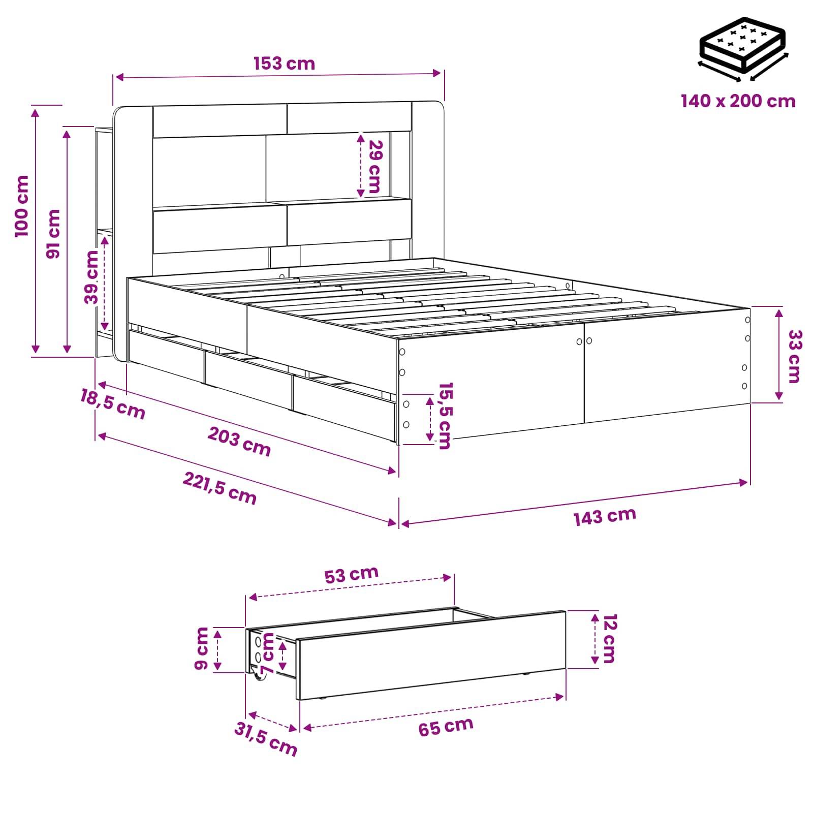 Maßstabzeichnung eines Betts mit Kopfteil und Schublade, das die Gesamtgröße 221,5 x 153 x 100 cm und Matratze 140 x 200 cm zeigt, plus Schubladengröße 65 x 53 x 31,5 cm.