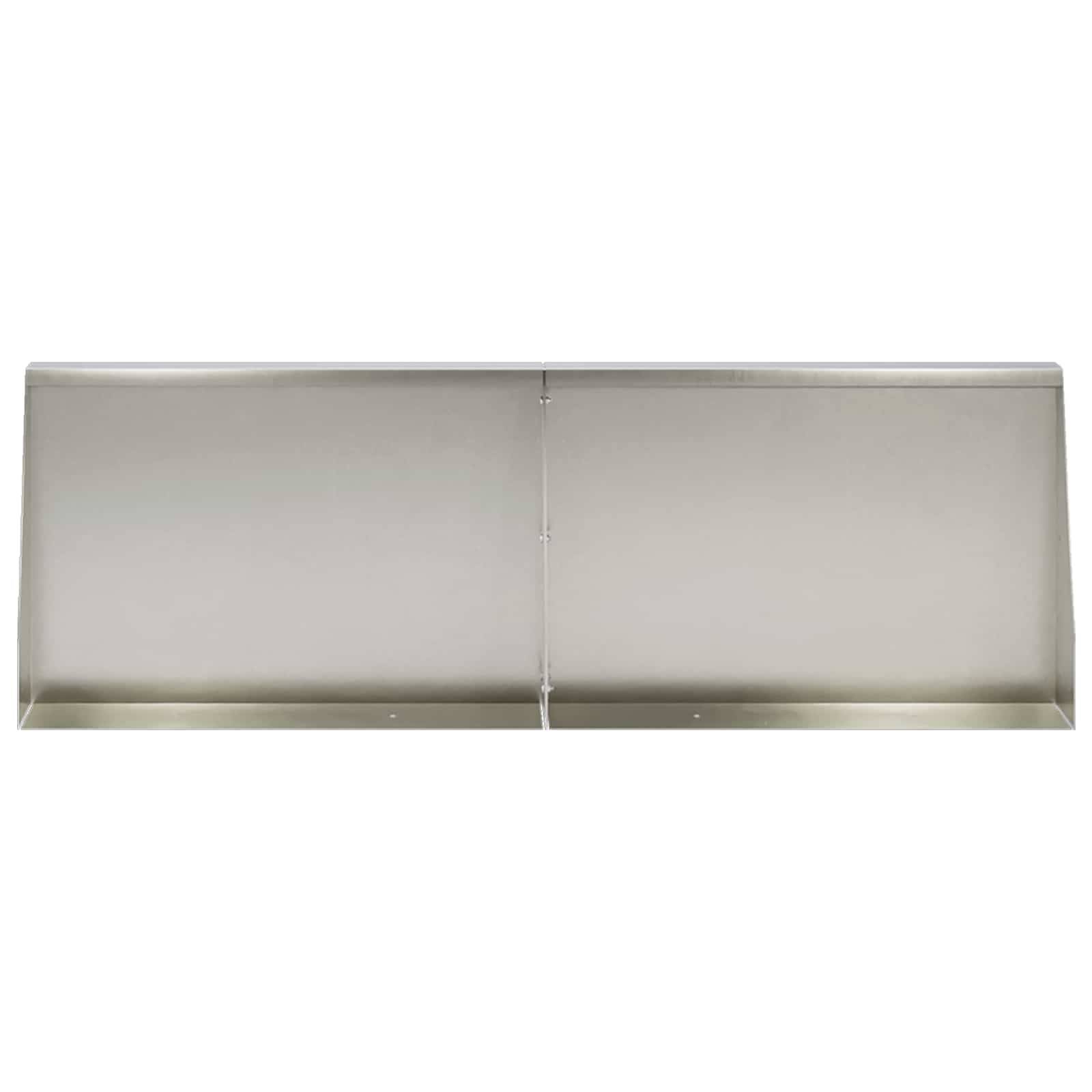 Ein an der Wand montiertes Regal oder Tablett aus Edelstahl mit erhöhten Kanten und einer mittigen Naht, dargestellt vor einem einfachen weißen Hintergrund.