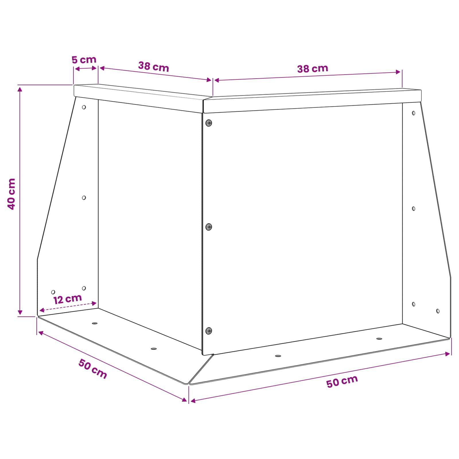 Technische Zeichnung eines kastenförmigen Schranks mit Abmessungen: 50 cm Grundseiten, 40 cm Höhe, obere Abschnitte 38 cm jeweils und eine 12 cm tiefe Vordereinsparung.