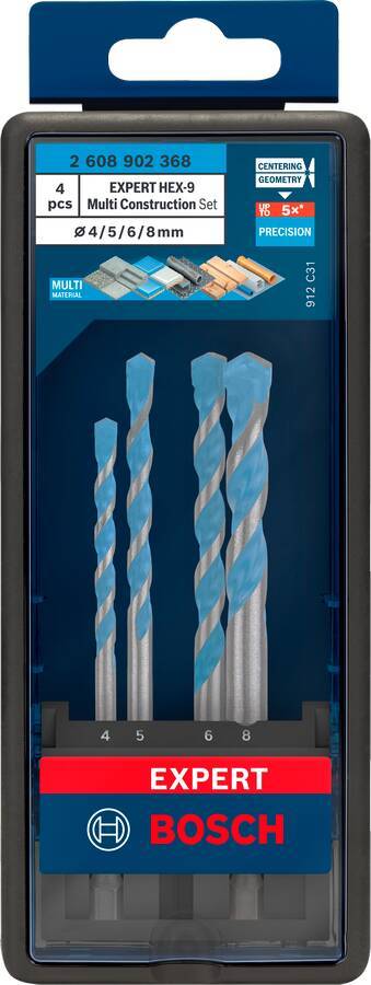 Bosch Expert Multi Construction Bohrerset mit 4, 5 und 6 mm Bits in einem Kunststoff-Aufbewahrungskoffer.