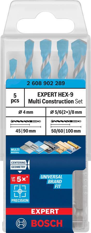 Bosch Expert Hex-9 Mehrzweck-Steinbohrersatz in durchsichtiger Kunststoffbox, 5-teilig, Größen 4 mm und 5/6(2x)/8 mm, universelle Markenpassform.
