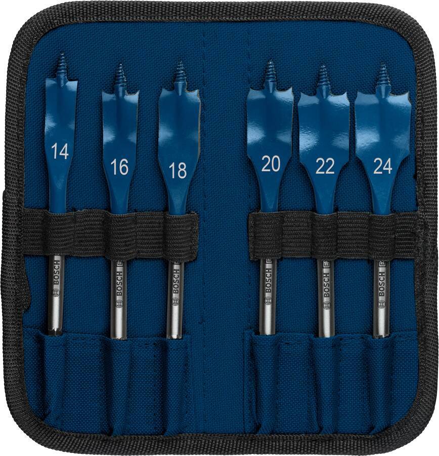 Blauer Werkzeugkoffer mit Reißverschluss, der sechs Bosch-Flachbohrer mit den Bezeichnungen 14, 16, 18, 20, 22 und 24 enthält.