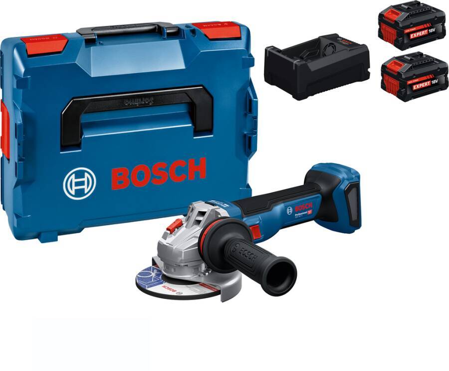 Bosch Akku-Winkelschleifer-Set mit blauem Transportkoffer, Seitegriff, Ladegerät und zwei Batterien.