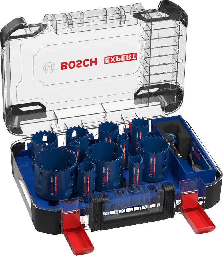 Offener Kunststoffkoffer mit einem Satz blauer Lochsägen-Bohraufsätze und Zubehör, mit roten Verschlussgriffenen und BOCH-Branding auf dem Deckel.
