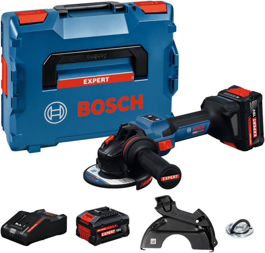 Bosch Akku-Winkelschleifer-Set mit Transportkoffer, Akku, Ladegerät, Schutzvorrichtung und Zubehörscheibe.