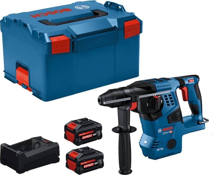 Bosch Akku-Schlagbohrmaschine mit Transportkoffer, Zusatzgriff, Ladegerät und zwei Akkus.