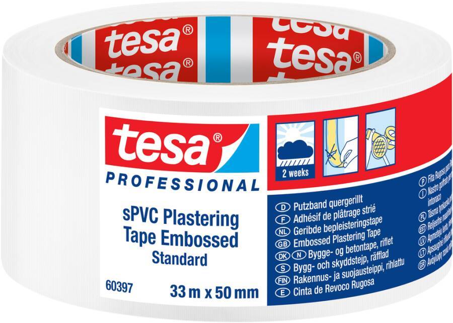Rolle Tesa Professional SPVC Putzband Geprägt Standard, weiß-rot Verpackung, beschriftet 33 m x 50 mm.