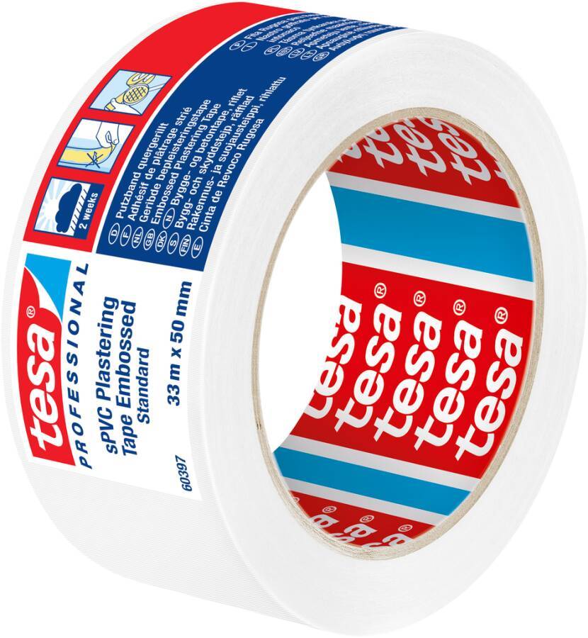 Rolle Tesa Profi weißes Klebeband mit Prägung, 33 m x 50 mm, dargestellt auf einer Produktverpackung.