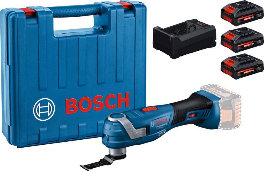 Bosch kabellos oszillierendes Multitool-Set mit blauem Transportkoffer, Ladegerät und drei Batterien.