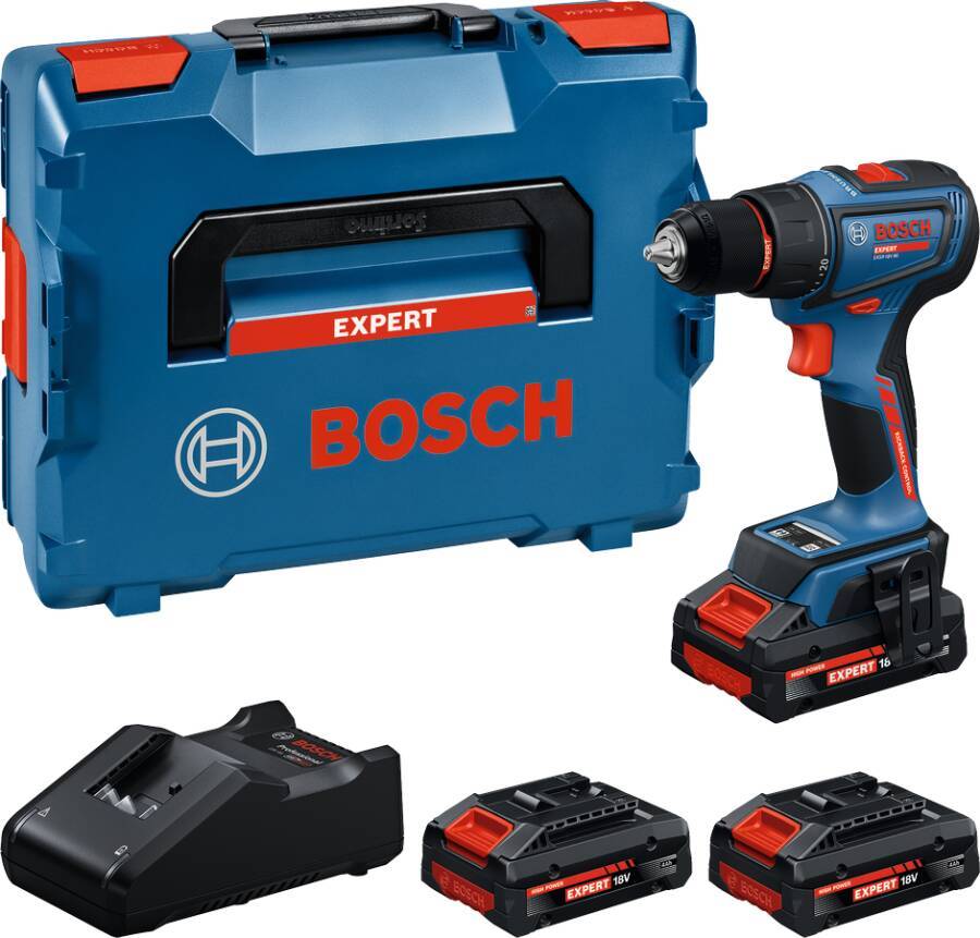 Bosch Akku-Bohrschrauber-Set mit Transportkoffer, Ladegerät und drei 18V-Batterien auf weißem Hintergrund angezeigt.