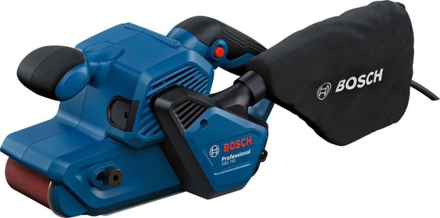 Bosch Professional Elektroschliff mit Staubsack, auf weißem Hintergrund abgebildet.