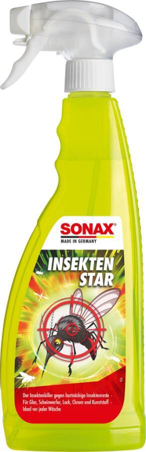 Flasche von SONAX Insekten Star Insektenentferner-Spray mit gelber Flüssigkeit und weißem Sprühkopf, beschriftet mit „Made in Germany