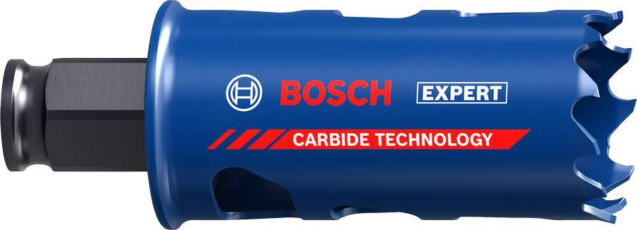 Bosch Expert Hartmetall-Technologie Lochsäge, blau und schwarz, in Seitenansicht mit gezähnter Schneidkante dargestellt.