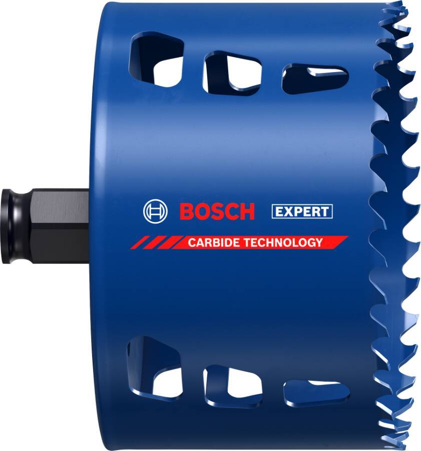 Blauer Bosch Expert Hartmetall-Lochsägen-Bohraufsatz mit gezackter Schneidkante und seitlichen Schlitzen