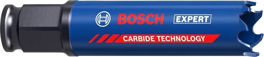 Blaue Bosch Expert Hartmetall-Lochsäge mit gezahnter Schneidkante und aufgedrucktem rot-weiß bedrucktem HARTMETALLTECHNOLOGIE-Etikett.
