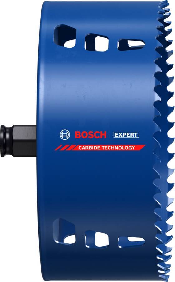 Blue Bosch Expert Hartmetall-Lochsäge mit gezahntem Rand und seitlichen Ausschnitten, in Nahaufnahme mit sichtbarer Produktmarkierung dargestellt.