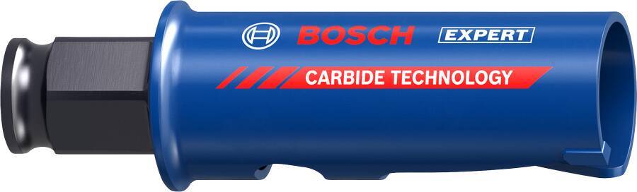 Blue Bosch Expert Carbide Technology tool bit attachment mit schwarzem Sechskantschaft und silbernem Kragen, gezeigt in Seitenansicht auf weißem Hintergrund.