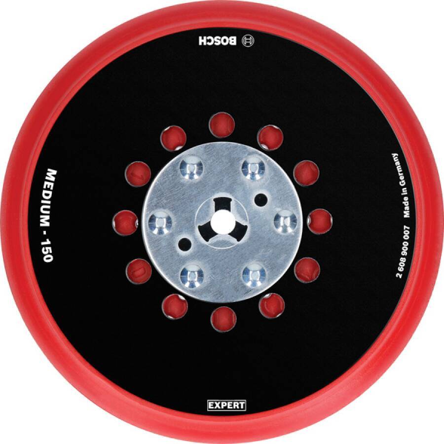 Bosch Expert Medium 150 Schleifteller mit rotem Rand, schwarzer Vorderseite und Metallzenterspannfutter, von vorne gezeigt.