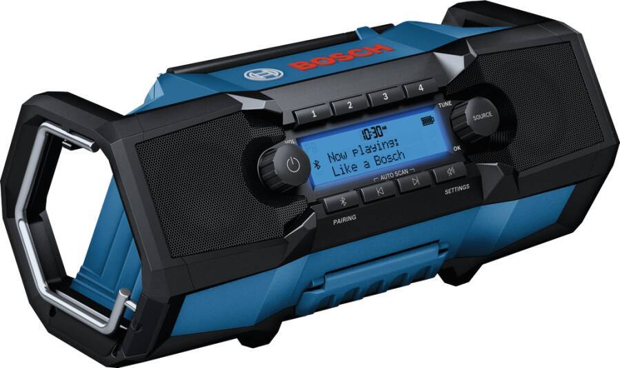 Blauer tragbarer Bluetooth-Lautsprecher von Bosch mit Griff, zentralem Display, Bedientasten und zwei großen vorderen Lautsprechern.