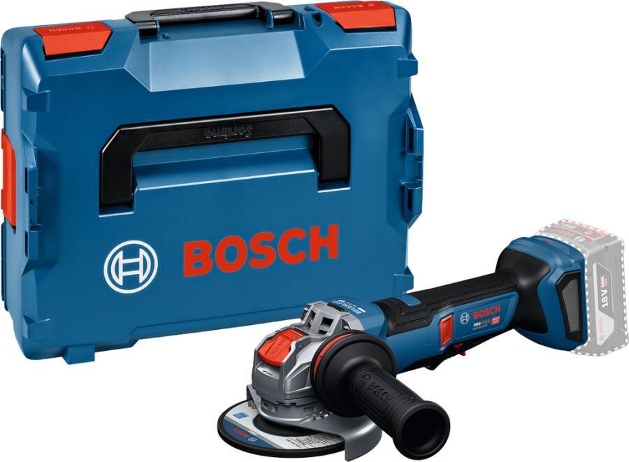 Bosch-Winkelschleifer mit Akku und Transportkoffer auf weißem Hintergrund.