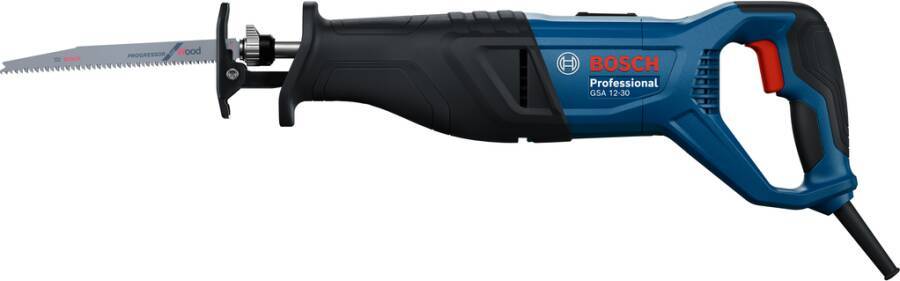 Bosch Professional kabelgebundene Reciprocating Säge mit schwarzem und blauem Gehäuse, rotem Auslöser und verlängertem Sägeblatt.