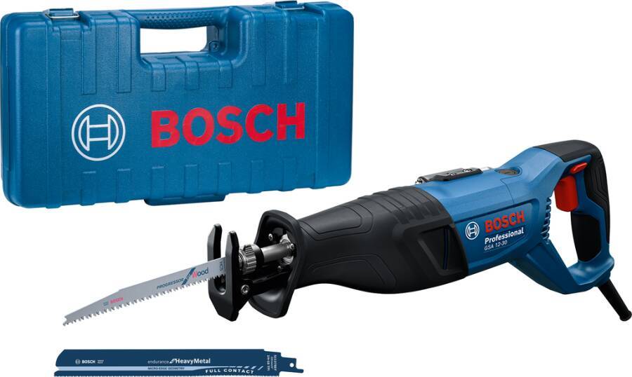 Bosch Akku-Säbelsäge mit Sägeblatt, dargestellt neben einem blauen Bosch-Transportkoffer.
