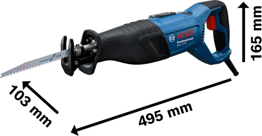 Bosch Professional Säbelsäge mit Abmessungen von 495 mm Länge, 165 mm Höhe und 103 mm Tiefe.