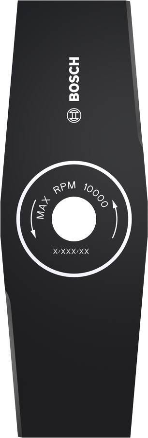Schwarze Bosch-Kreissägeblatt mit Mittelloch, beschriftet mit 'MAX RPM 10000' und 'X/XX/XX'.