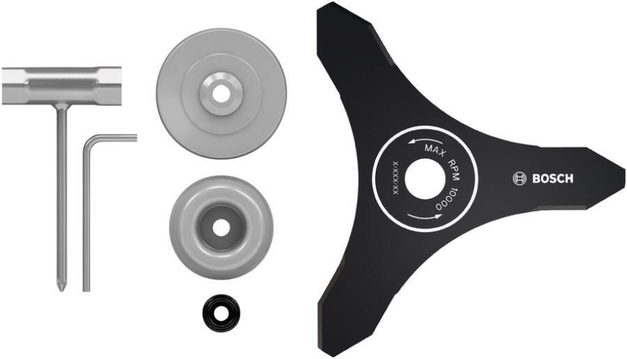 Bosch-Set für Rotationswerkzeuge mit T-Griff, zwei Metallscheiben, einem kleinen Ring und einem schwarzen dreiflügeligen Schneidkopf.