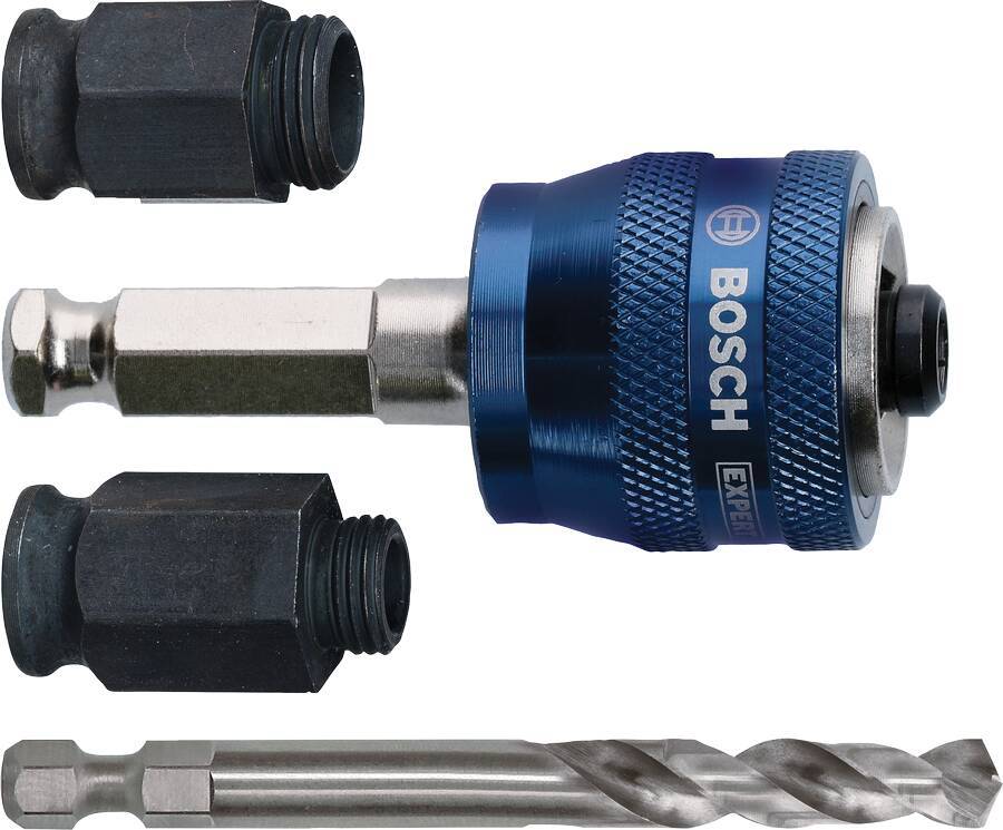 Bosch-Bohrbithalter mit zwei schwarzen Adapterhülsen und einem Metallbohrbit auf weißem Hintergrund