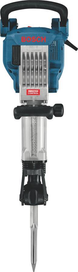 Bosch Elektrostemmhammer oder Abbruchhammer mit langer Stahlmeißel, Frontansicht auf weißem Hintergrund.