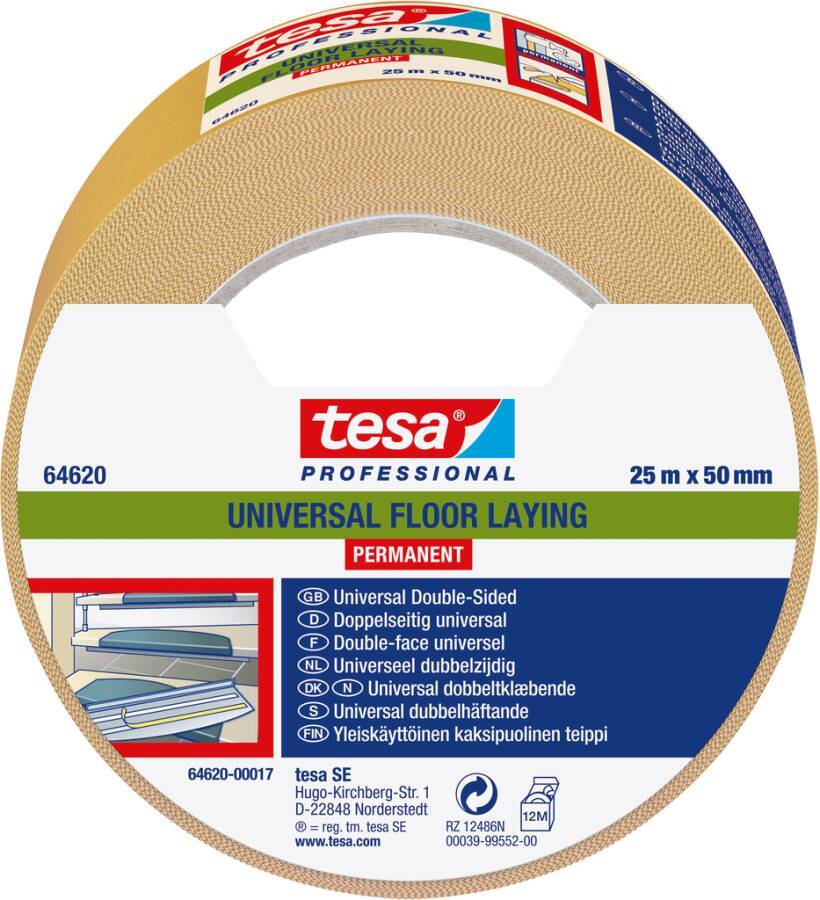 Rolle tesa Professional Universal Bodenverlege-Doppelklebeband, permanent haftend, 25 m x 50 mm, gekennzeichnet für universelle Verwendung und Bodenverlegung.