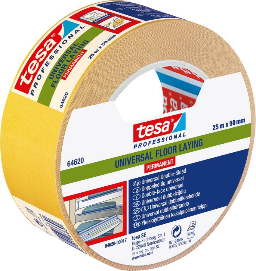 Rolle tesa Professional universelles Bodenverlegung Permanent Doppelseitiges Klebeband, 25 m x 50 mm, auf weißem Packageetikett.