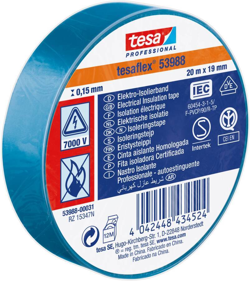 Blaue Rolle tesa Professional tesaflex 53988 Elektro-Isolierband, mit Aufschrift 20 m x 19 mm, 7000 V, mit mehrsprachigen Produktinformationen und Barcode.