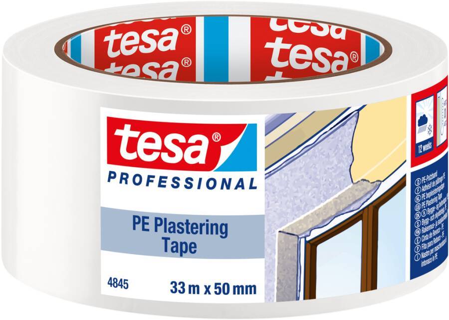 Rolle tesa Professional PE-Klebeband zum Verputzen, 33 m x 50 mm, mit Produktetikett und Fensterabdichtungsillustration.