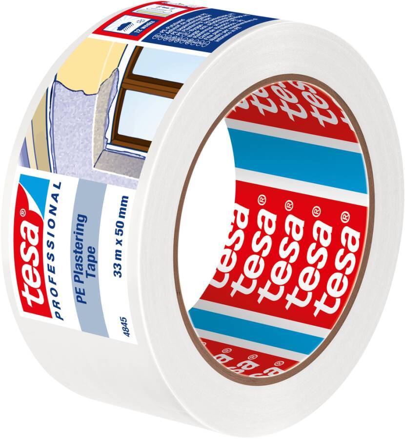 Rolle mit weißem Tesa Professional PE-Mallerband, gekennzeichnet mit „33 m x 50 mm