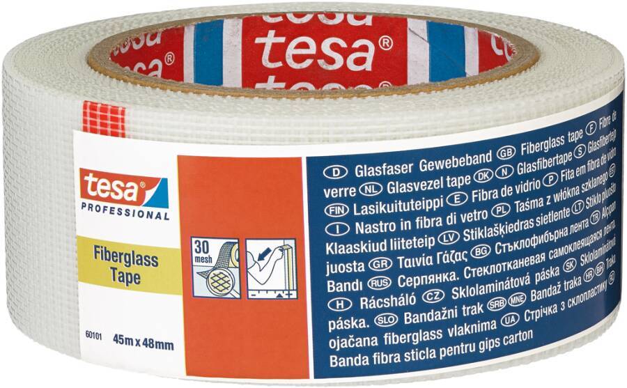Rolle tesa Professional Glasfaserklebeband, 45 m x 48 mm, mit blauer und orangefarbener Verpackung und Produktdetails auf dem Etikett gedruckt.