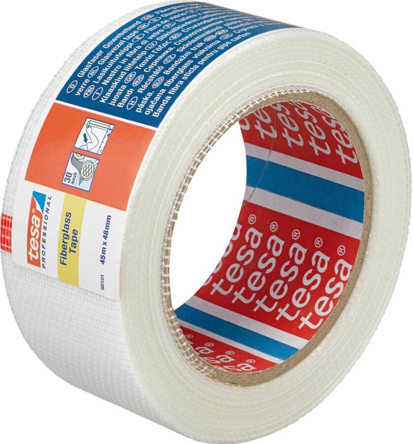 Eine Rolle Tesa-Glasfaserband mit roten, blauen und weißen Verpackungsetiketten.
