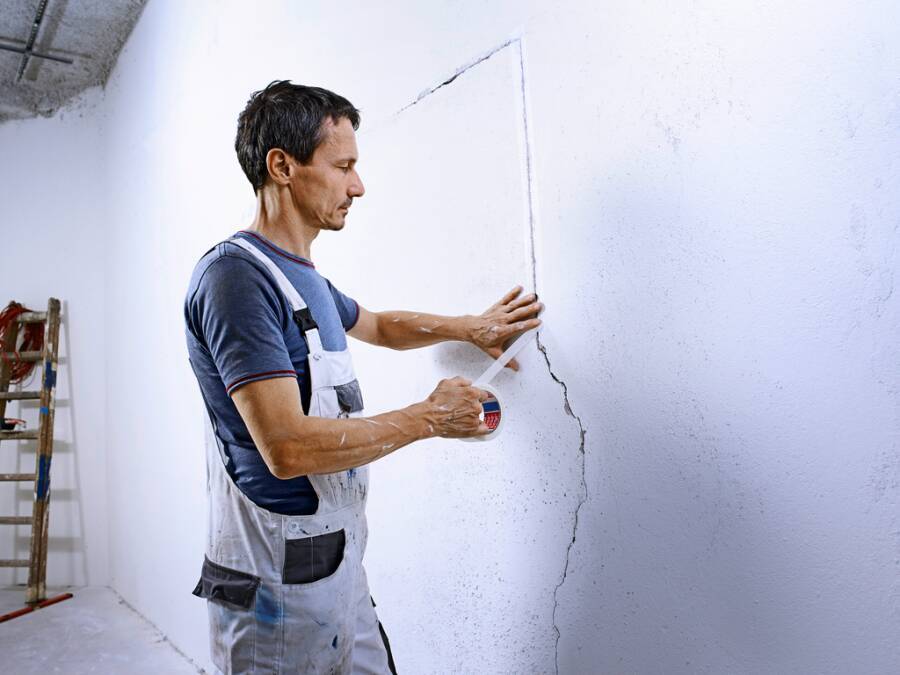 Arbeiter in Overalls inspiziert einen großen Riss in einer weißen Innenwand und hält ein Stahllineal oder Werkzeug in der Hand, was auf eine Bewertung oder Reparatur von Gebäudeschäden hindeutet.