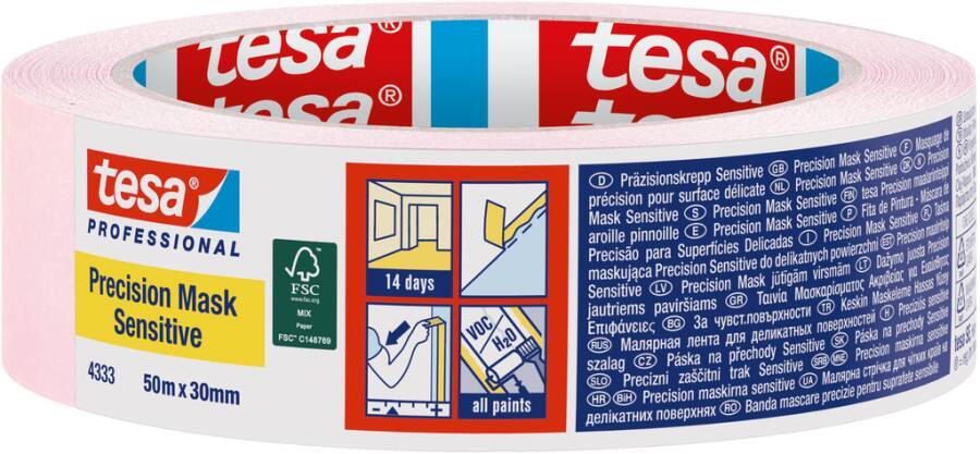 Tesap Professional Precision Mask Sensitive Abklebeband-Rolle, 50 m x 30 mm, mit 14-Tage-Reinentfernung und universeller Lackverträglichkeit.